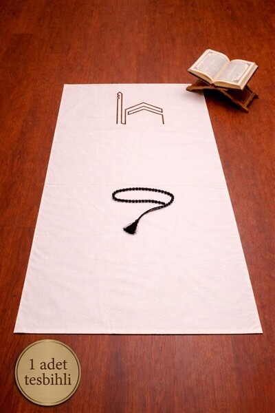 Hig Store Kabe Embroidered 100% Natural Linen Prayer Rug Set with Prayer Bead...