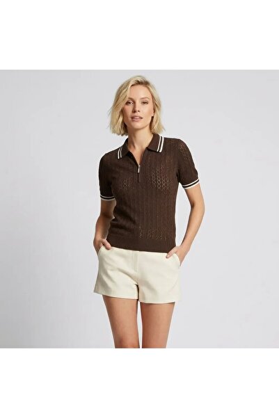 Park Karon Women's Pol Collar Openwork Line Detail Knitwear Sweater 12470