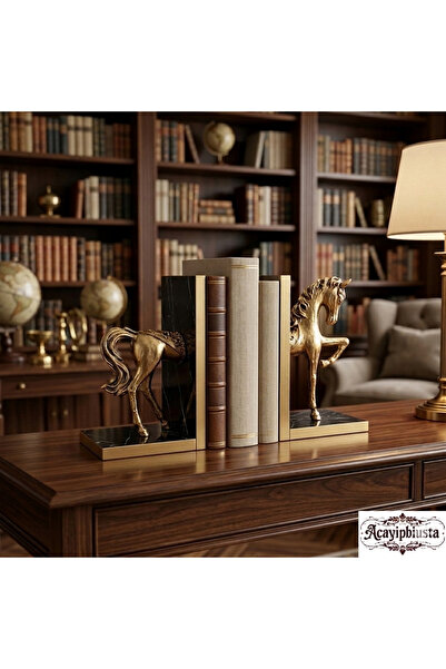 ACAYİPBİUSTA Altın Renk At Figürlü Dekoratif Kitap Tutucu (Bookend) – Ofis ve...