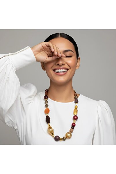 COCOSH TAKI Orange Brown Burgundy and Gold Detailed Custom Design Necklace