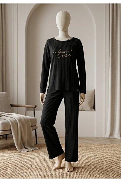 lindros Women's pajamas, long sleeves and long pants with Love print, black