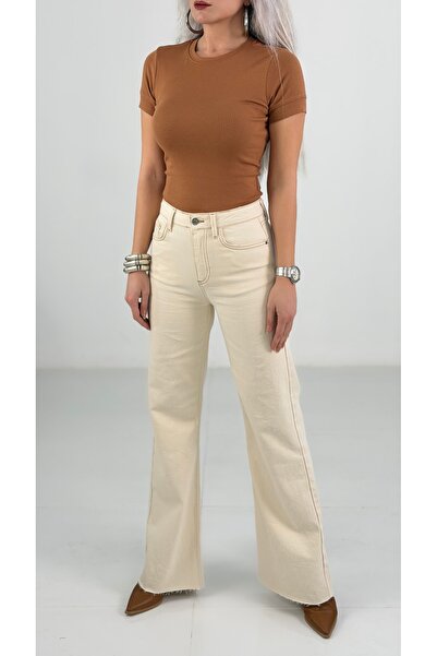 KAROL Krem Yüksek Bel Wide Leg Denim Pantolon