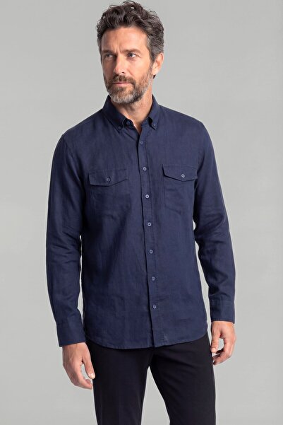 Bisse Men's Long Sleeve Sport Collar Linen Navy Blue Shirt