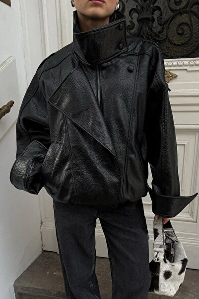 moda armanc Kadın ZR Model Dik Yaka Fermuarlı Deri Ceket - Yeni Sezon Siyah Oversize Ceket