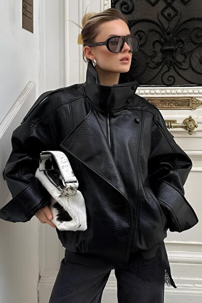 moda armanc Women's Zr Model High Collar Zippered Leather Jacket - New Season...