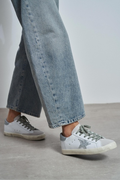 NİŞANTAŞI SHOES Stary White Matte Silver Glitter Detail Lace-Up Women's Casua...