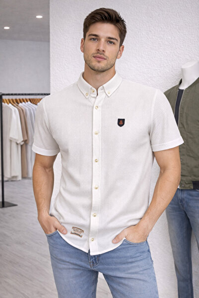 ince moda giyim Pike Dokulu Kısa Kollu Erkek Gömlek – Slim Fit Yazlık Düğmeli...