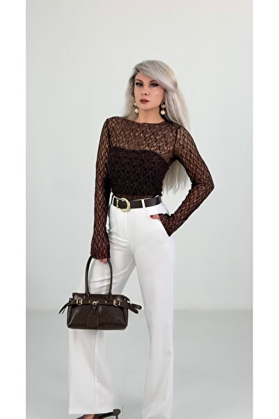 KAROL Kahverengi Dantel Uzun Kollu Bluz
