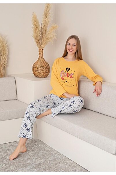 Ercan Yellow autumn-winter women's pajamas with "Love is in the air" print