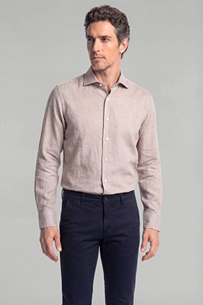 Bisse Men's Regular Fit Cotton Pocketless Beige Shirt