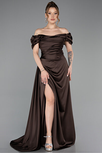 Abiyefon Kahve Kayık Yaka Uzun Saten Büyük Beden Abiye ABU1626