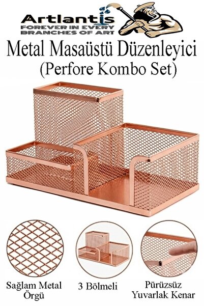 Artlantis Masaüstü Metal Kalemlik Seti 3 lü Kombo 1 Paket Fileli Perfore Renk...
