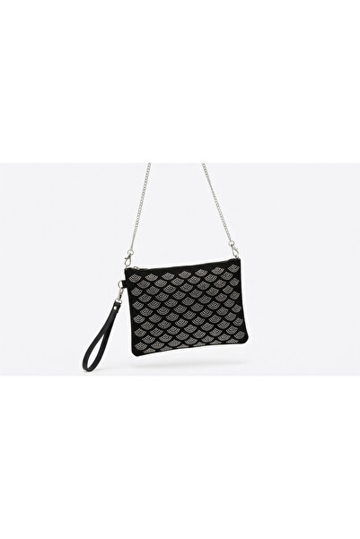 zore Kadın Siyah Taşlı Yelpaze Desenli Zincir Askılı Portföy ve Omuz Çantası