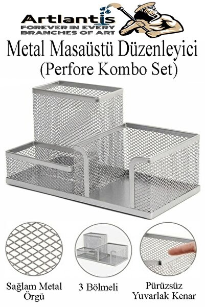 Artlantis Masaüstü Metal Kalemlik Seti 3 lü Kombo 1 Paket Fileli Perfore Renk...