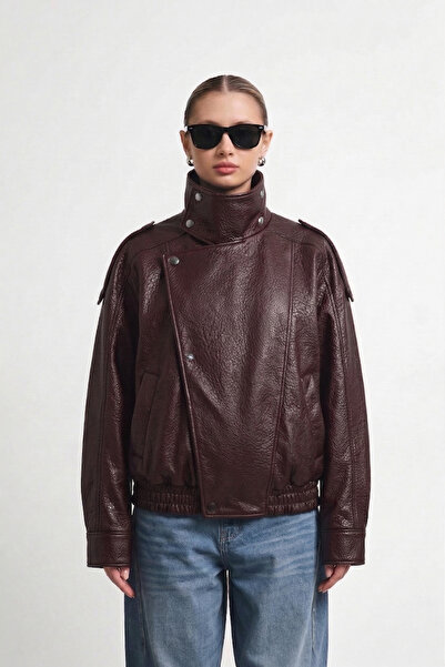 Jaglion New Season Women's Ysl Model High Collar Zippered Trendy Burgundy Lea...