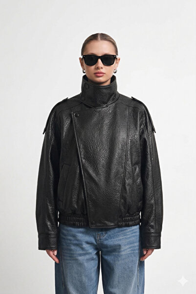 Jaglion New Season Kadın YSL Model Dik Yaka Fermuarlı Trend Siyah Desenli Der...