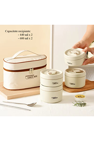 2AMNOVA Set 4 Caserole Termice cu Geanta, 2080 ml, Inox, Etanse, Lunch Box pentru Birou si Calatorii, Crem