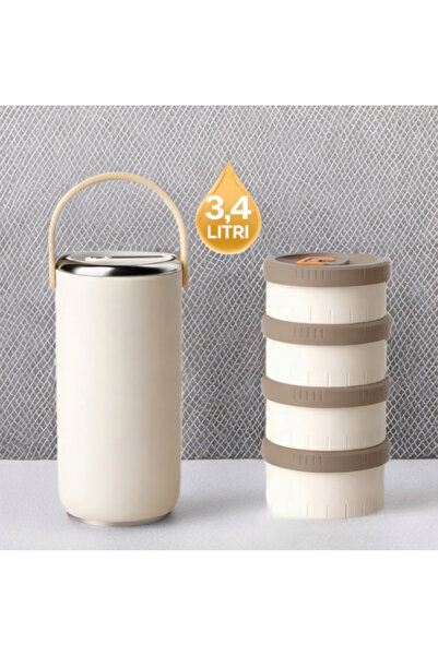 2AMNOVA Termos Alimentar Inox 304, 3.4L, Cu 4 Caserole, Izolatie Termica, Capac Etans, Crem