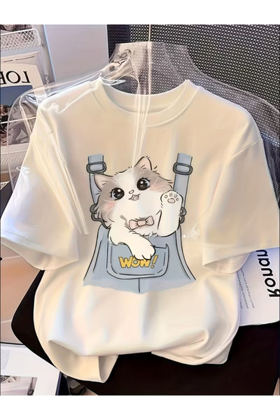 LİNA06 Women's Casual Sporty Short-Sleeve T-Shirt with Kitten Print in Front ...