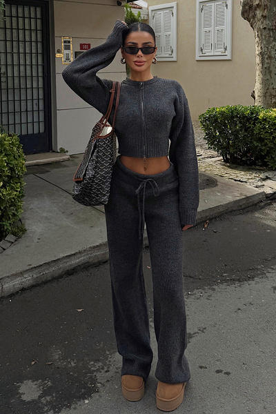 Eyyo Anthracite Zippered Crop Top Wide Leg Trousers Knitwear Set Ate-3979
