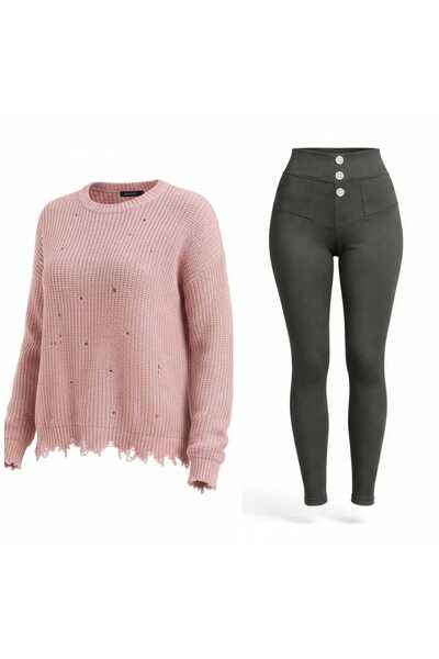ANATOLIATEKSTILE Set Damă Pulover Lung Oversize + Colanți – Outfit Casual Con...