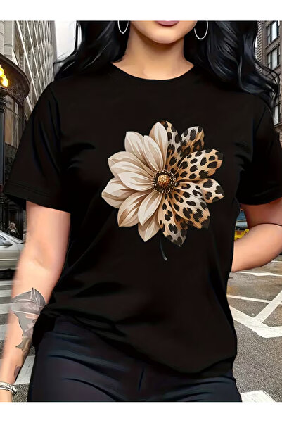 LİNA06 Leopard Print Floral Pattern Trendy Fashion, ,e Short Sleeve Women's T...