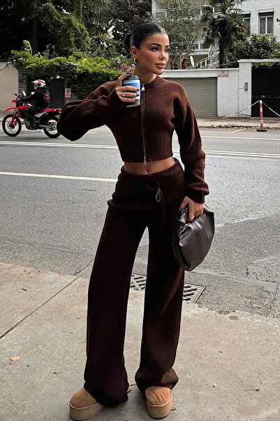 Eyyo Bitter Brown Zippered Crop Top Wide Leg Pants Knitwear Set Ate-3978