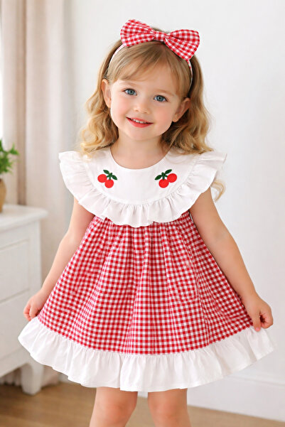 Bilge Trend KİRAZ NAKIŞLI SAÇ BANTLI FIRFIRLI EKOSE , PÖTİKARE DESEN KIZ BEBE...