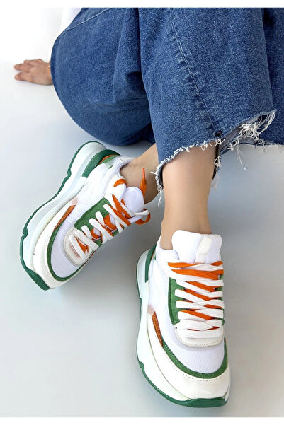 ARMÜZ Aleh White Skin Green Detailed Double Lace-Up Sports Shoes