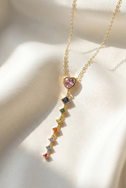 Elifsu Jewelry Rainbow Stone Heart Detailed Steel Y Necklace Gold Color Coquette