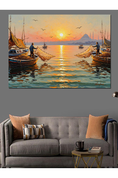 Tablo Mega Gün Batımında Balıkçı Tekneleri Manzarası Dekoratif Kanvas - Mdf A...