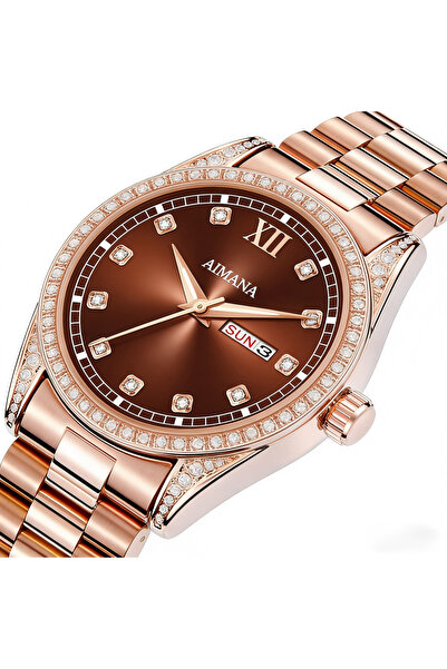 AIMANA Men Fashion Watch - Rose Gold, Brown Dial, Crystal Accents, Day & Date
