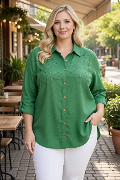 tarzımsüper Γυναικείο λινό πουκάμισο με στάμπα πέτρας Premium σε μεγάλο μέγεθ...