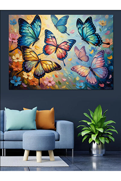 Artmeg Pictură decorativă cu fluturi și flori colorate - Tablou din lemn MDF