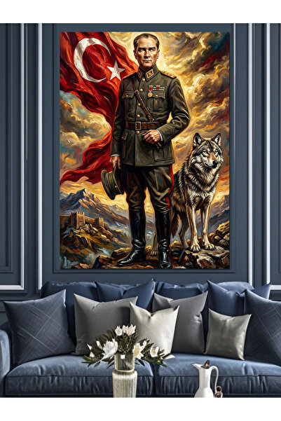 Artmeg Atatürk Türk Bayrağı Ve Kurt Figürü Dekoratif Kanvas - Mdf Ahşap Tablo