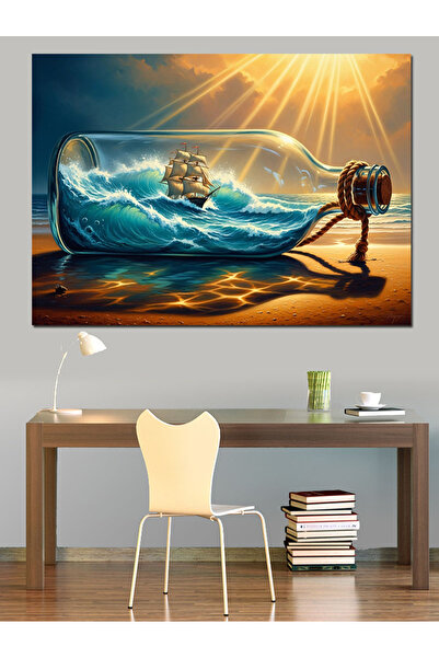 Artmeg Pânză decorativă cu mare furtunoasă și navă într-o sticlă - Masă din l...