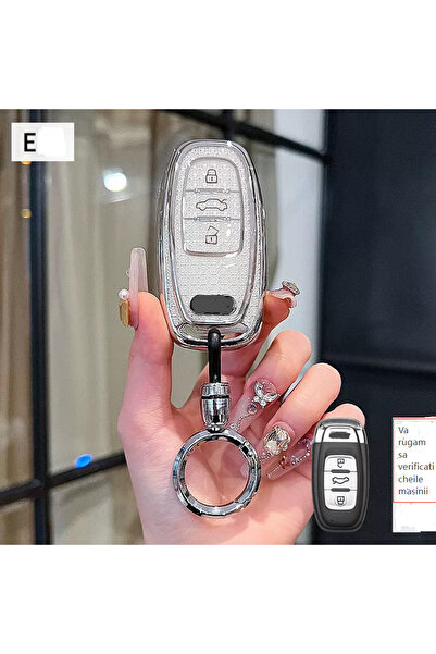 QGC Husa de Chei Auto Argintiu Cromat cu Textură și Inel Metalic, Accesoriu P...