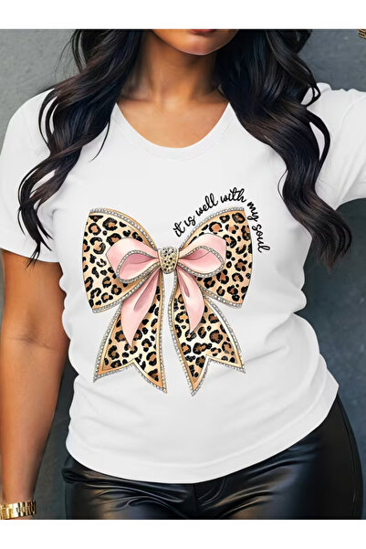 LİNA06 A Leopard Print Bow Paired with a Pink Satin Ribbon Perfect Short-Slee...