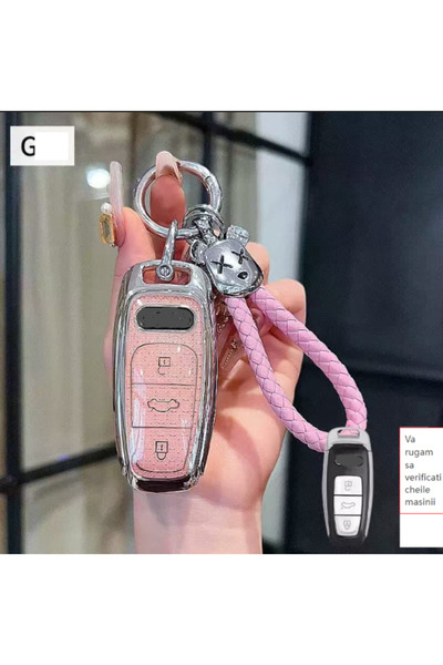 QGC Husa de Chei Auto Roz cu Cristale, Snur Tricotat și Jucăuș, Accesoriu Cut...