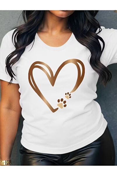 LİNA06 A Short-Sleeve T-Shirt Featuring a BrownCombined with Pet Paw Print El...