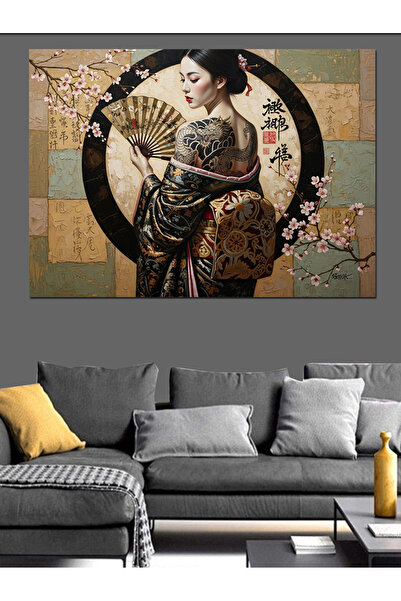 Artmeg Pânză decorativă cu portret tradițional japonez de femeie cu evantai -...