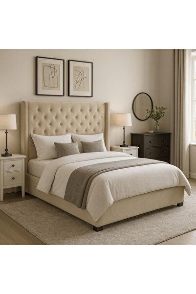 MarketMob Pat Miraj 160x200 cm tapițat cu catifea bej, cu somieră cu șipci in...