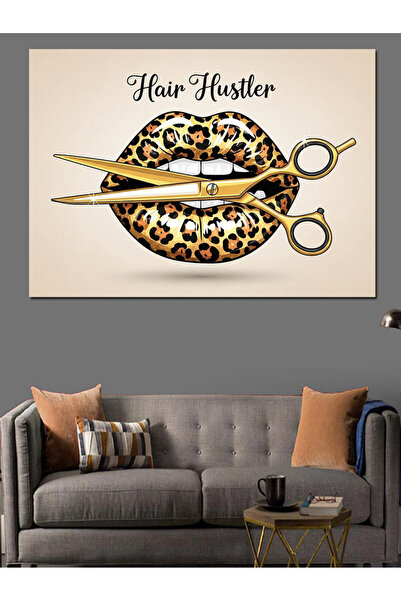 Artmeg Leopard Patterned Lip and Scissors Decorative Canvas - Mdf Wood Painting