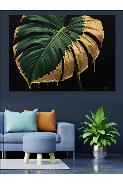 Artmeg Tablou decorativ cu frunze de Monstera cu detalii aurii - Tablou din l...