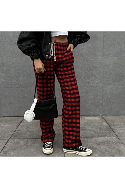 Köstebek Red Black Plaid Thin Cashmere Trousers