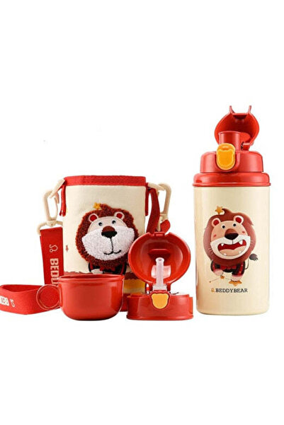 Beddybear Termos pentru copii cu husă, pai și cană, BeddyBear, Leu, 580 ml, Roșu