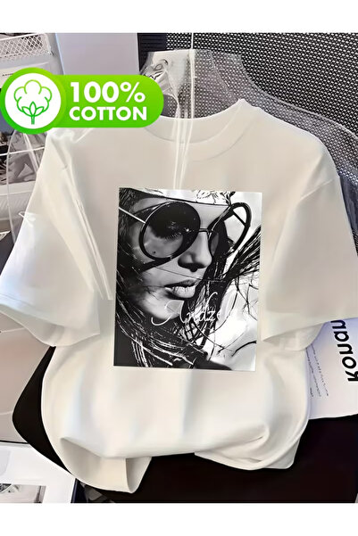 LİNA06 100% Art Portrait Graphic Print T-Shirt, Short Sleeve Round Neck Casua...