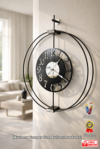 Wallover Design Büyük Boy Larissa Luxry Siyah/Gümüş Metal Sessiz Duvar Saati ...