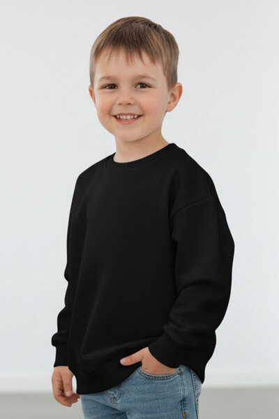 Çocuk Baskısız Düz Bisiklet Yaka Siyah Sweatshirt