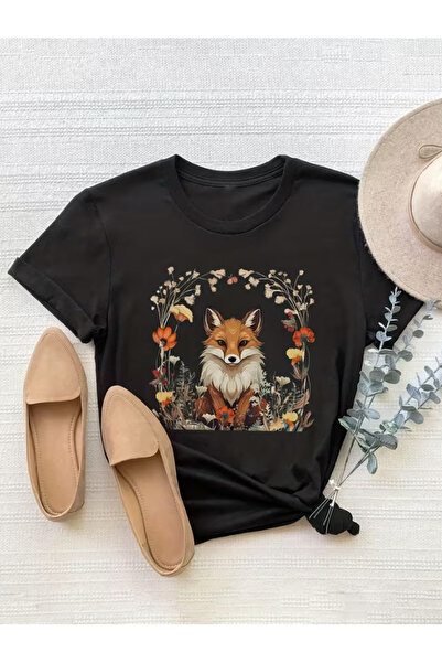 LİNA06 Fox Flower Pattern Printed T-shirt, Summer and Spring Short-sleeved Ro...